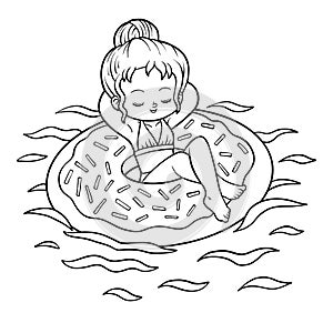 Coloring book, Girl and inflatable donut swimming ring