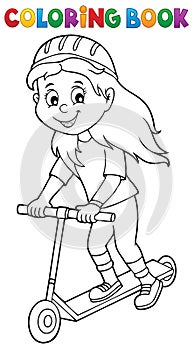 Coloring book girl on kick scooter theme 1