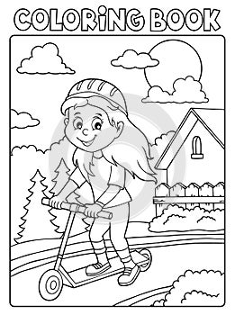 Coloring book girl on kick scooter theme 2