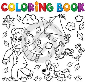 Coloring book with girl and kite photo