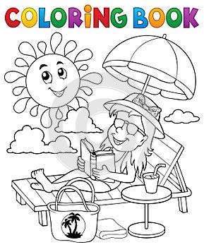 Coloring book girl on sunlounger theme 1