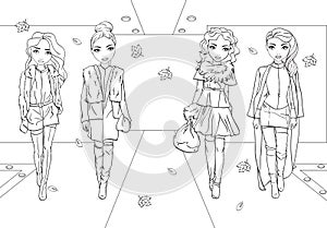 Coloring Book Of Girls In Fur Coats On Runway