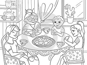 Coloring book Grandmother is sitting at the table. Grandchildren came to visit