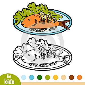 Coloring book, Grilled fish on plate