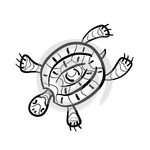 Coloring book. A hand-drawn water turtle. Monochrome Simple doodle vector illustration