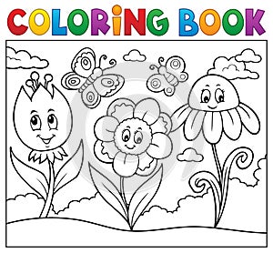Coloring book happy cartoon flowers image 1