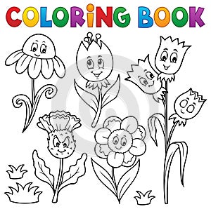 Coloring book happy cartoon flowers set 1