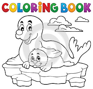 Coloring book happy seal with pup