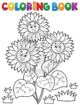 Coloring book with happy sunflowers