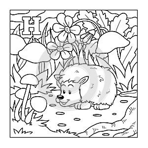 Coloring book (hedgehog), colorless illustration (letter H)