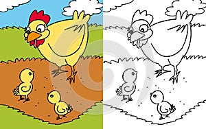 Coloring book hen and chicks