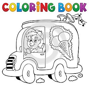 Coloring book ice cream man in car