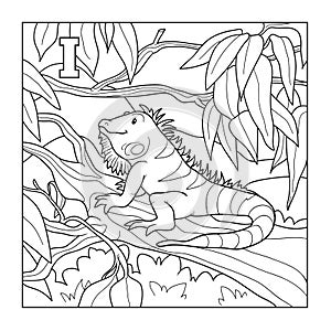 Coloring book (iguana), colorless illustration (letter I)