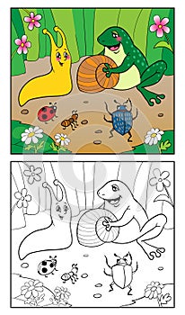 Coloring Book. Illustration of Snail, Insects and frog.