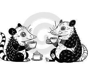 Coloring book image. Two possums drink tea, friends relax. Vector, generative ai.