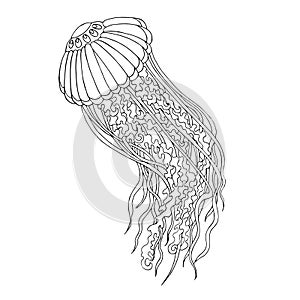 Coloring book with jellyfish. Black and white doodle picture of a beautiful jellyfish. Vector illustration.