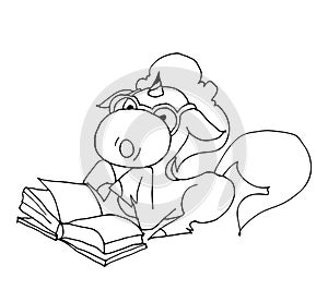 Coloring book for kids - baby unicorn reading a book with glasses. Black and white cute cartoon unicorns. Vector illustration.