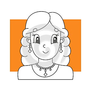 Coloring book for kids. Beautiful cute fashionable girls with jewelry. Cheerful character. Vector illustration. Cute cartoon style