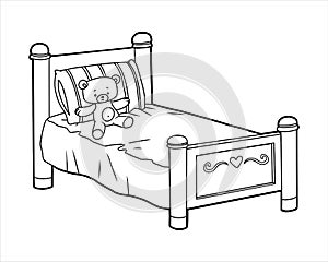 Coloring book, Kids bed with a pillow and toy bear