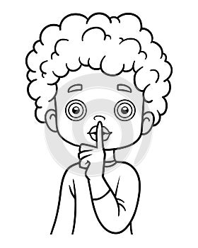 Coloring book for kids, Boy shows Shh sign with silence finger to lips