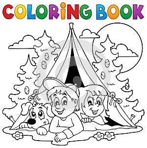 Coloring book kids camping in forest