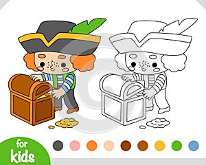 Coloring book for kids, Cartoon character pirate boy and treasure chest