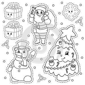 Coloring book for kids. Christmas theme. Cheerful characters. Vector illustration. Cute cartoon style. Black contour silhouette.