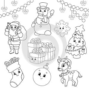 Coloring book for kids. Christmas theme. Cheerful characters. Vector illustration. Cute cartoon style. Black contour silhouette.