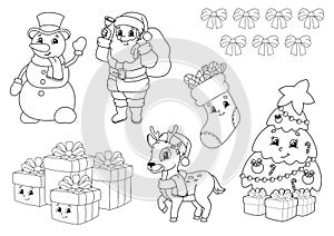 Coloring book for kids. Christmas theme. Cheerful characters. Vector illustration. Cute cartoon style. Black contour silhouette.