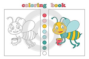 Coloring book for kids, coloring page with small bee and pot of honey