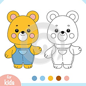 Coloring book for kids, Cute little bear character in denim overalls