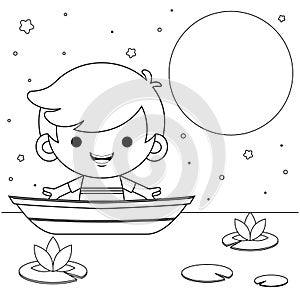 Coloring book for kids. Cute Little Boy On A Boat At Night