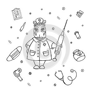 Coloring book for kids Doctor hippo with a syringe