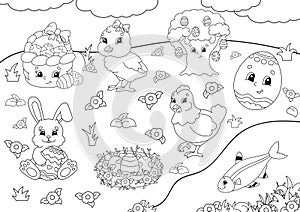 Coloring book for kids. Easter clipart. Cheerful characters. Vector illustration. Cute cartoon style. Black contour silhouette.