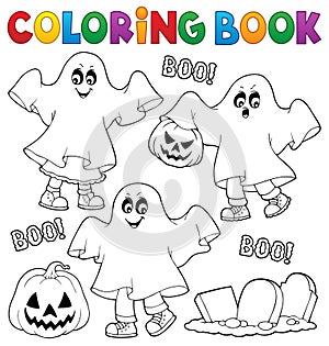 Coloring book kids in ghost costumes 1