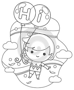 Coloring book for kids. Happy Cute Little Boy Flying With Balloons In The Sky