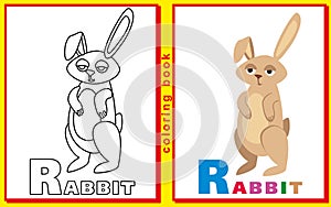 Coloring Book for Kids with letters and words. Litter R. rabbit.