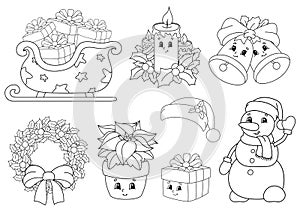 Coloring book for kids. Merry Christmas theme. Cheerful characters. Vector illustration. Cute cartoon style. Black contour