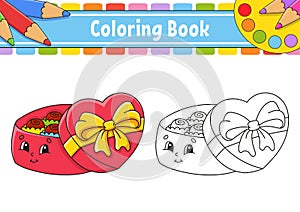 Coloring book for kids. Open gift box with chocolates. Cartoon character. Vector illustration. Black contour silhouette. Isolated