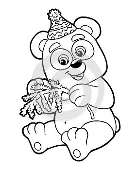 Coloring book for kids, Panda and Christmas tree branch