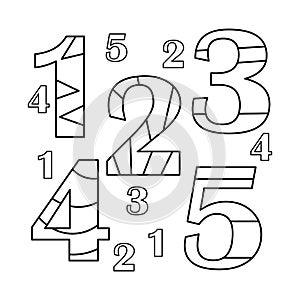 Coloring book for kids. Patterned numbers from 1 to 5. Learning and playing. Vector illustration