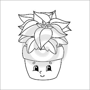 Coloring book for kids. Poinsettia flower in a pot. Cartoon character. Vector illustration. Black contour silhouette. Isolated on