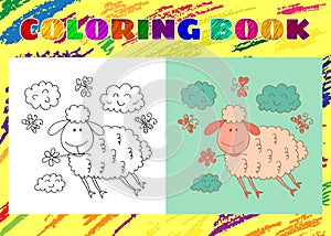 Coloring Book for Kids. Sketchy little pink cute lamb