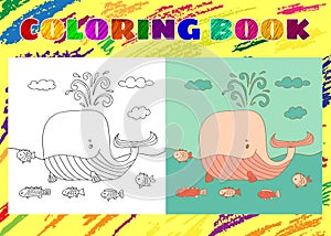 Coloring Book for Kids. Sketchy little pink whale with a fish