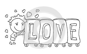 Coloring book for kids - smiling boy pushing a train with the word Love on a background of hearts. Be my Valentine. Valentines day