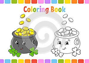 Coloring book for kids. St. Patrick`s day. Cartoon character. Vector illustration. Fantasy page for children. Black contour
