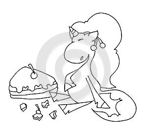 Coloring book for kids - unicorn overeaten with a cake and sits next to a piece of cake. Black and white cute cartoon unicorns. Ve