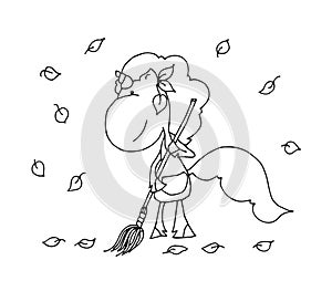 Coloring book for kids - unicorn removes leaves with a broom. Black and white cute cartoon unicorns.