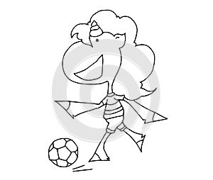 Coloring book for kids - unicorn in shorts a football player runs after the ball. Black and white cute cartoon unicorns.