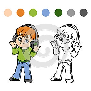 Coloring book: little boy listening to music on headphones